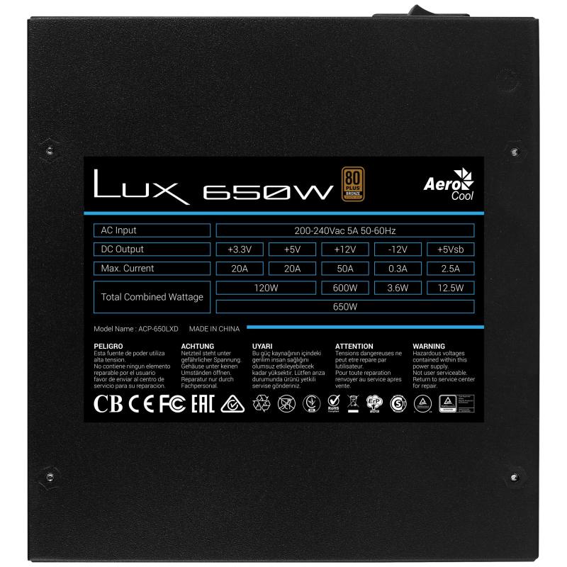 Aerocool - LUX650 Fuente Alimentación PC 650W 80 Plus Bronze 230V 88%  Eficiencia Negro